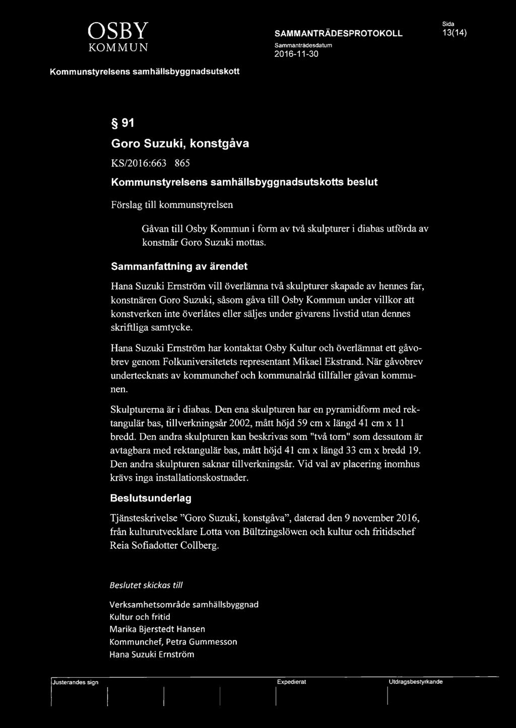 eller säljes under givarens livstid utan dennes skriftliga samtycke. Hana Suzuki Emström har kontaktat Osby Kultur och överlämnat ett gåvobrev genom Folkuniversitetets representant Mikael Ekstrand.