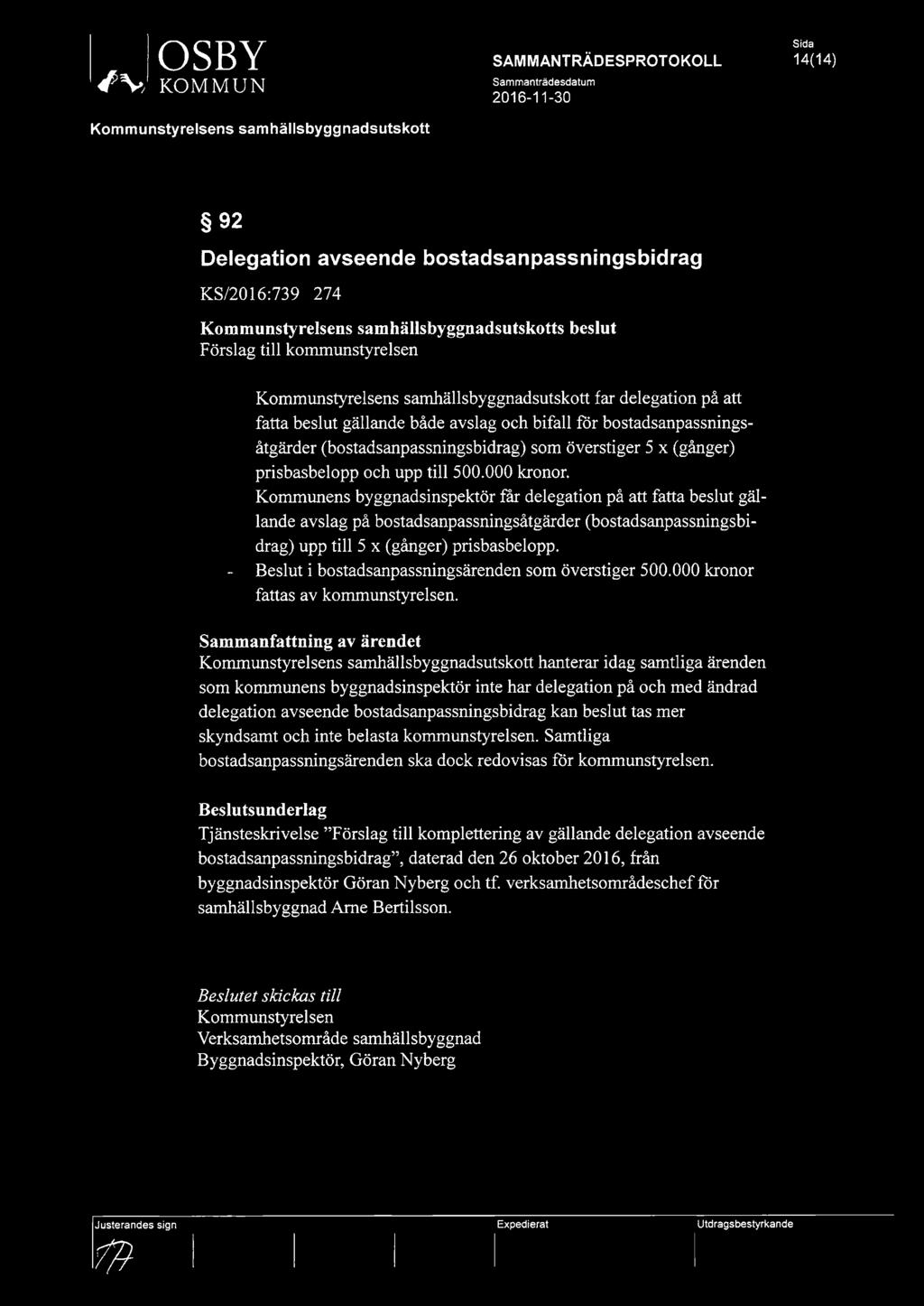 Kommunens byggnadsinspektör får delegation på att fatta beslut gällande avslag på bostadsanpassningsåtgärder (bostadsanpassningsbidrag) upp till 5 x (gånger) prisbasbelopp.