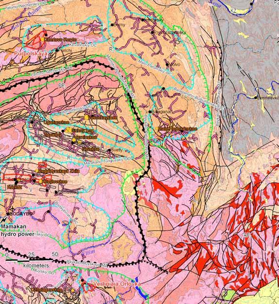Kopy Goldfields Licenses active ore licenses Alluvial Gold Deposits Ore Deposit & Occurence Mining Roads Settlement geological legenda Utbredd mineralisering med låga halter stödjer fortsatt