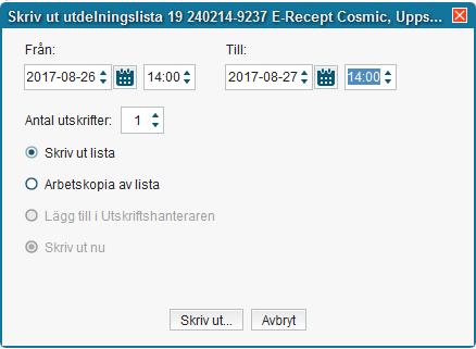 9.5 Läkemedel vid planerat driftstopp 9.5.1 Ordinationslista Från Läkemedelsmodulens Utdelningsvy kan man skriva ut en lista över patientens ordinationer.