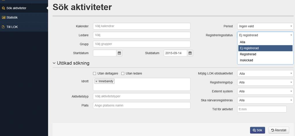 Sök fram aktiviteter genom att fylla i valfria fält.