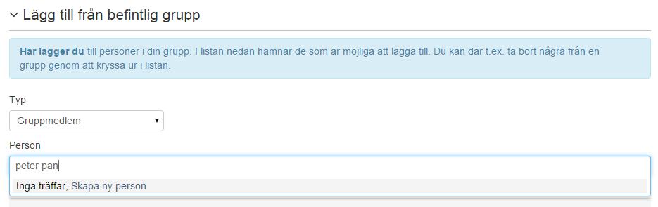 Om personen inte finns sedan innan kommer en text upp Inga