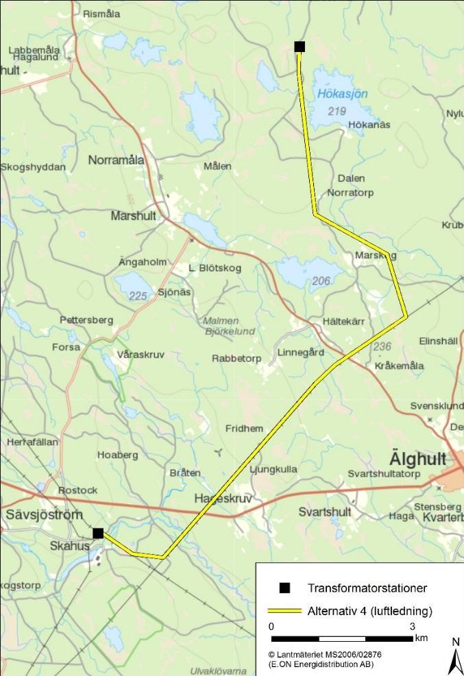 Figur 3. Karta över alternativ 4. Inom rödmarkerat område sträcker sig alternativet parallellt med Svenska kraftnäts befintliga 400 kv ledning.