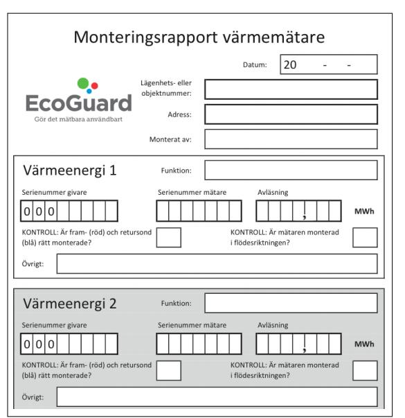 REGISTRERING 1. Fyll i monteringsblanketten med givarens och mätarens serienummer, placeringsadress, beskrivning och monteringsdatum. Skriv också upp mätarställningen i MWh på integreringsverket.