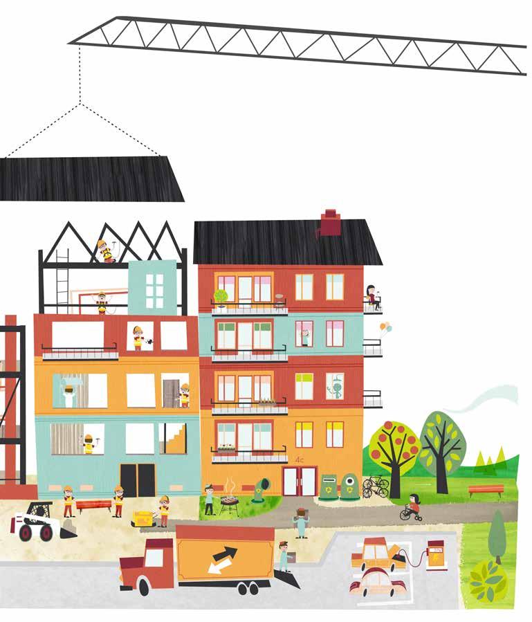 Klassning enligt Svanen Byggnad med Energiklass B Individuell mätning och debitering av el och varmvatten Bergvärmepump Värmeåtervinning på frånluften Energieffektiv fasad och fönster röna tak på