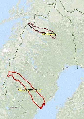 Figur 1. Sverigekarta med de två samebyarna som intervjuades. Girjas sameby (mörkröd heldragen linje) och Vilhelmina Norra sameby (röd heldragen linje). Figure 1.