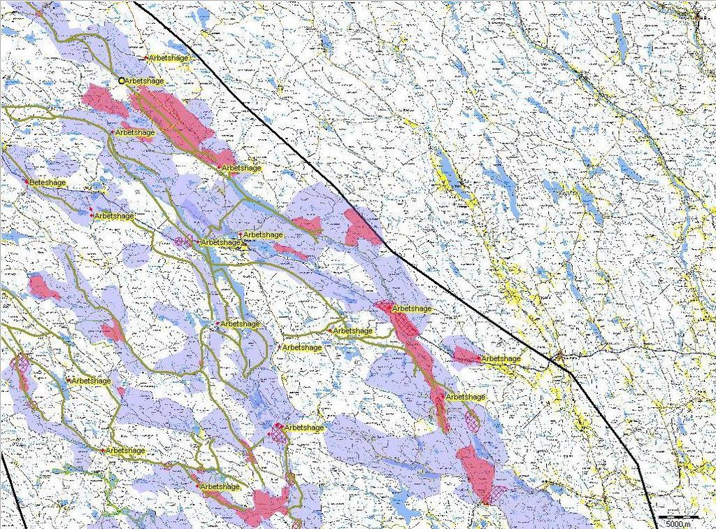 Figur 7. Kartfönstret med Blå kartan, Sverige, samebyns gränser samt kärnområden (blålila fält) och nyckelområden (rödrosa fält) i de olika beteslanden synliggjorda. Figure 7.