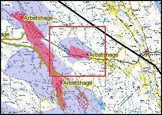 GPS-positioner (röda punkter) för några renar i området för de planerade avverkningarna Samebyns gränser (svart heldragen linje) samt kärnområden (blålila fält) och nyckelområden (rödrosa fält) i de