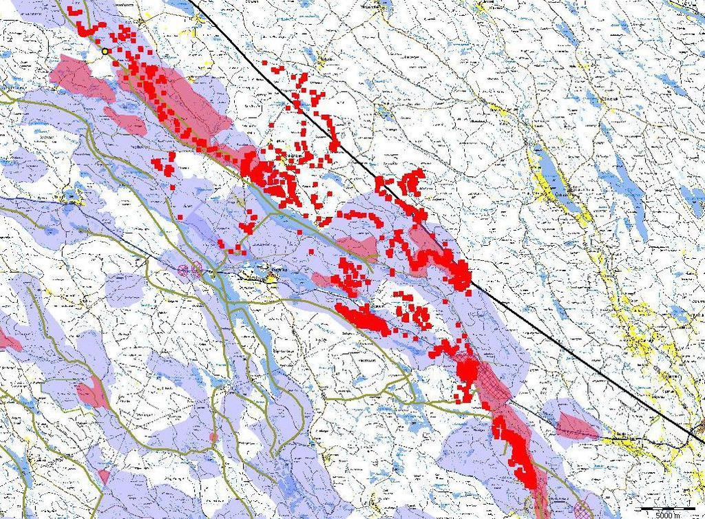 The reindeer husbandry community borders (black solid line) visualised together with the core areas (blue/purple fields) and key areas (red/pink fields) of the different grazing lands.