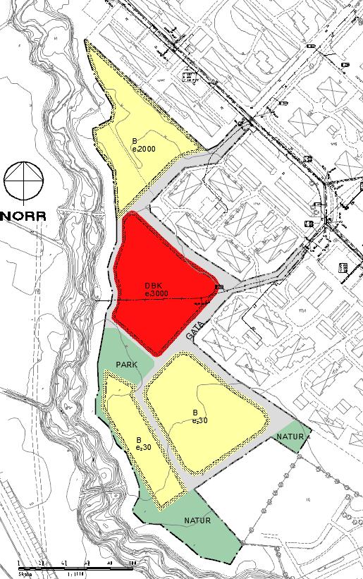 Figur 3. Planområdet för Triangelparken. Bostadshusen i norra området ligger på plan mark, se figur 3. Detta medför att det inte finns ett naturligt fall på tomtmarken.