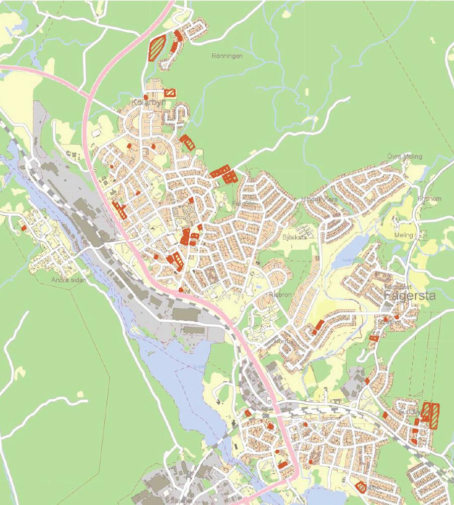 Områden för bostäder, skolor mm i Fagersta tätort Teckenförklaring Bostäder, redan detaljplanelagt Förskola Bostäder, i planprogram () Framtida förskola 2 Bostäder,