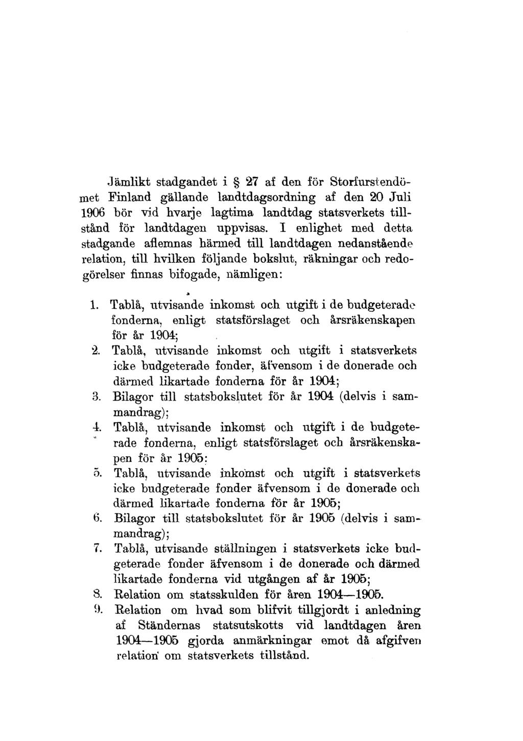Jämlikt stadgandet i 27 af den för Storfurstendömet Finland gällande landtdagsordning af den 20 Juli 1906 bör vid hvarje lagtima landtdag statsverkets tillstånd för landtdagen uppvisas.