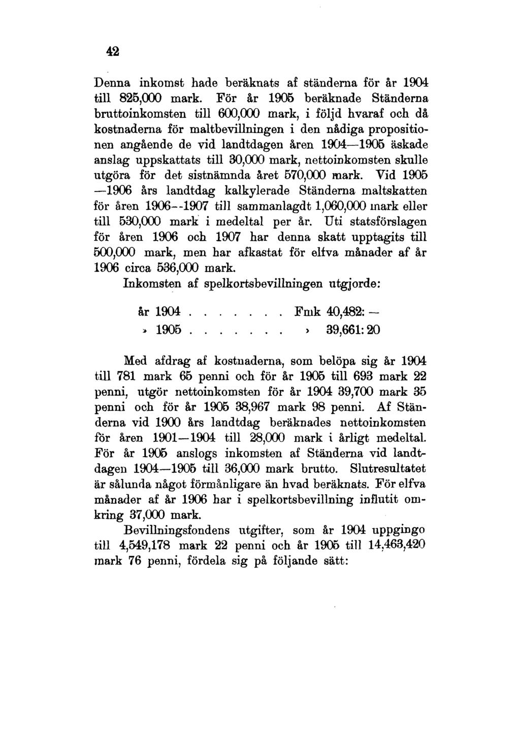 42 Denna inkomst hade beräknats af ständerna för år 1904 till 825,000 mark.