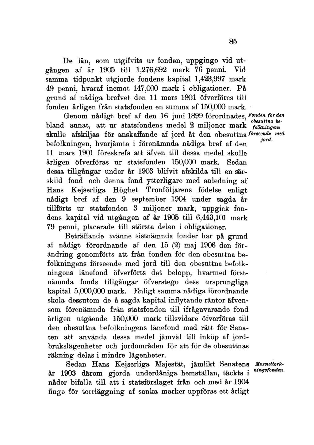 De lån, som utgifvits ur fonden, uppgingo vid utgången af år 1905 till 1,276.692 mark 76 penni.
