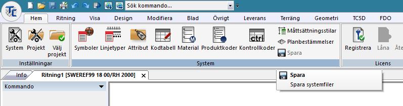 Systemfiler Spara systemfilerna utan att stänga programmet (nyhet i Topocad 17) Knappen är aktiv först efter ändringar gjorts (kodlista,