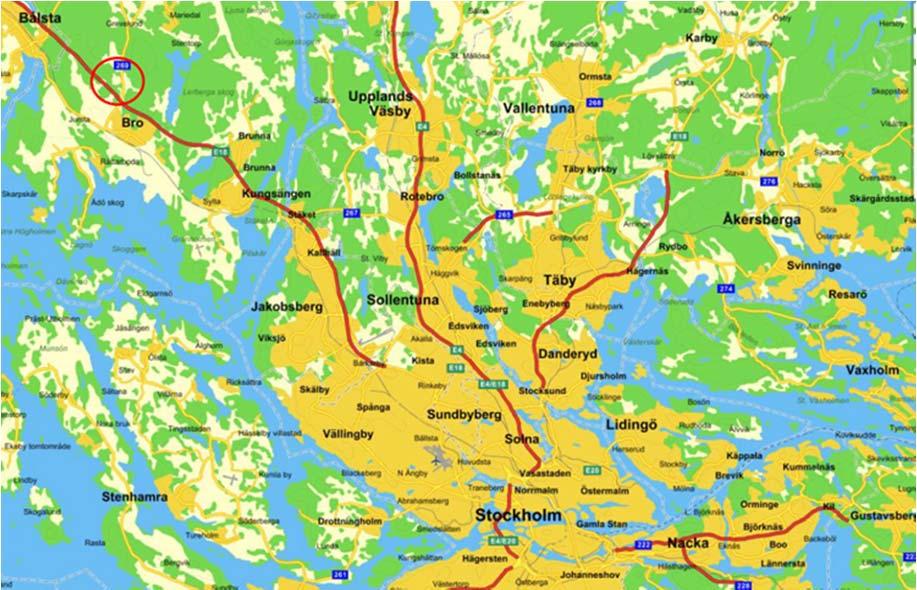 3 METOD 3.1 Projektplatsen Figur 17 Projektplatsen i förhållande till Stockholm (Lantmäteriet/Metria, 2014) Projektplatsen ligger i Bro vid Högbytorp ca 30 km nordväst om Stockholm.