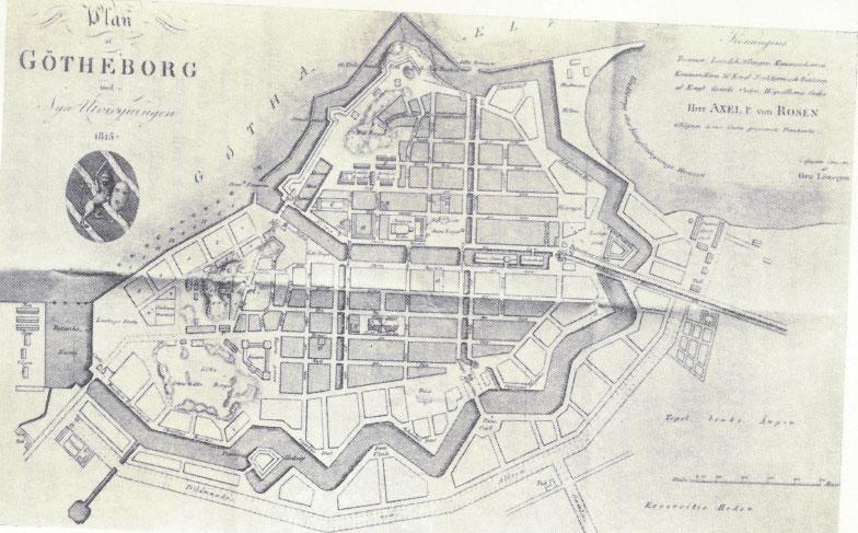 Figur 1. Karta över Göteborg 1815. Blå markering har lagts till och visar ungefärligt läge av delområde Lilla Bommen.