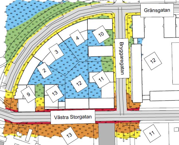 Färgskalan är relaterad till riktvärdet så att gränsen mellan grönt och gult motsvarar riktvärdet för bostäder, d.v.s. 50 dba dygnsekvivalent nivå.