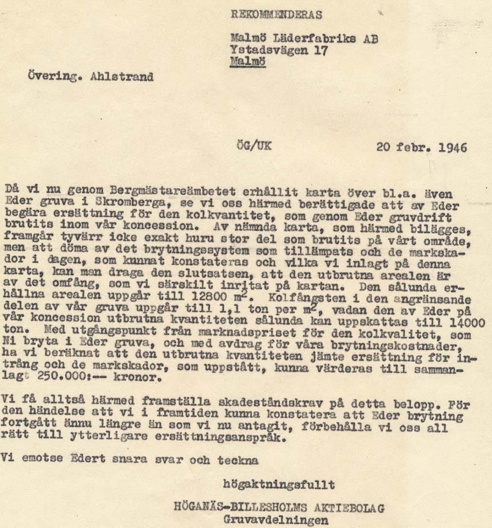 Markskadorna visade att man brutit kol på Höganäsbolagets koncession.