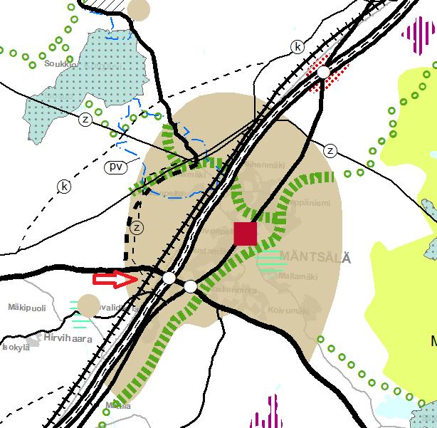 Bild 10 Urdrag ur landskapsplanen för Nyland. Projektets placering anges på bilden med röd pil.