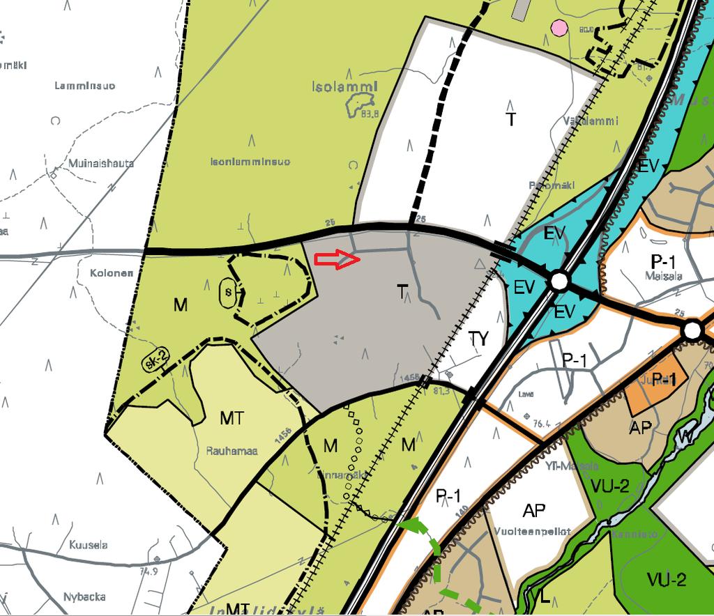 Bild 11 Utdrag ur Mäntsälä generalplan 2020. Projektets placering anges på bilden med röd pil.