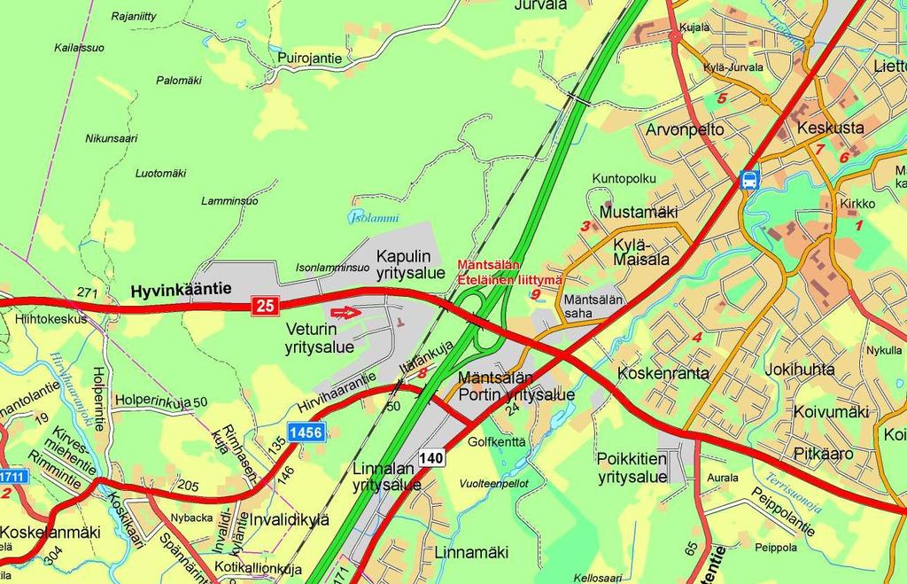 Bild 24. Placeringen av känsliga objekt i förhållande till projektområdet. Projektets placering anges på bilden med röd pil.
