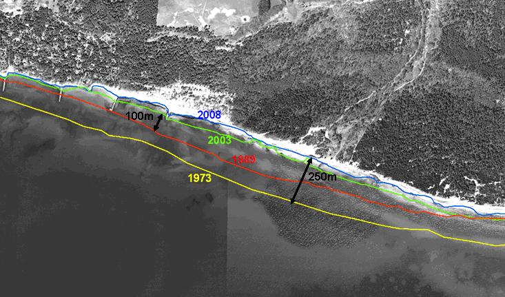 Figur 4-8. Strandlinjer vid olika tidpunkter för kusten i Ystads kommun. (Rydell et al.