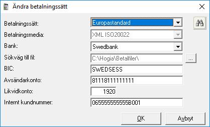 Efter registrering blir fältet Aktivera betalsätt Europastandard gråmarkerat. Du kan nu lägga upp det nya betalsättet genom att klicka på Ny och kommer till fönstret nedan.