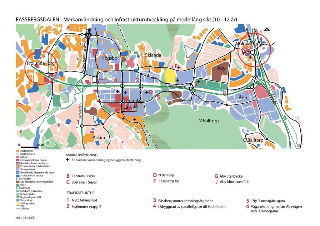 astrukturutveckling på medellång sikt 10-12 år M ö l n d a l Markanvändning På medellång sikt fortsätter utbyggnaden av bostäder runt Fässbergs by, inom fd Pedagogen och inom Åby stallbackar utmed