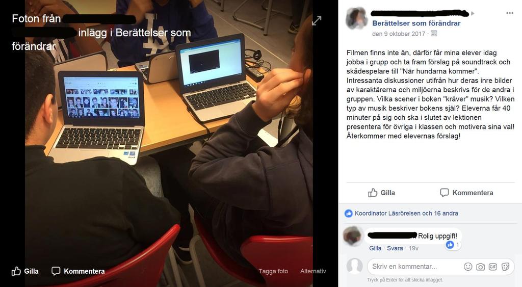 Det finns också exempel på lärare som beskriver sin lektionsidé och får feedback på den i kommentarsflödet.