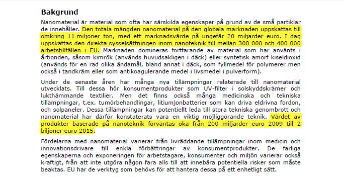 Big business Den totala mängden nanomaterial på den globala marknaden uppskattas till omkring 11 miljoner ton, med ett marknadsvärde på ungefär 20 miljarder euro.