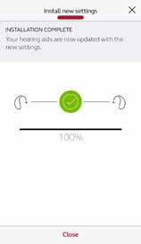 . Slutligen visas meddelandet Installation Klar och bekräftar att inställningarna har överförts till hörapparaterna.