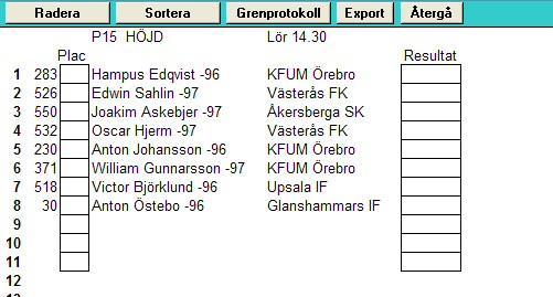 xls", "langdtresteg_mall.xls" och "kast_mall.xls" i samma mapp som Windathletics.xlsm. Då skapas en protokollsfil med prefixet "Ny ", i detta fall "Ny P15 HÖJD.xls". Denna fil kan användas för att föra grenprotokoll direkt i dator ute vid grenen.