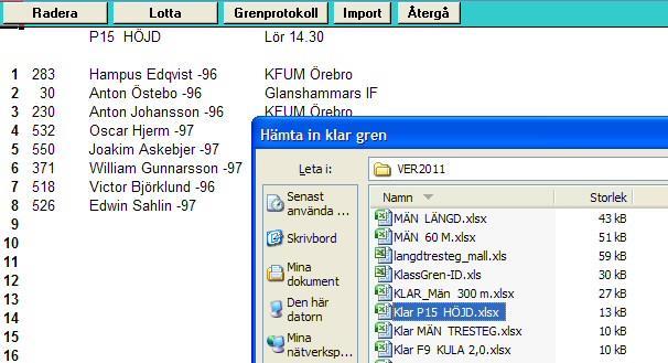 I datorn med WindAthletics.xls öppnar man nu grenfilen "P15 HÖJD.xlsx", och klickar på knappen "Import".