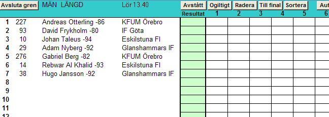 Klicka på knappen "Auto" så läggs uppdaterade placeringssiffror in mellan startnummer och namn.