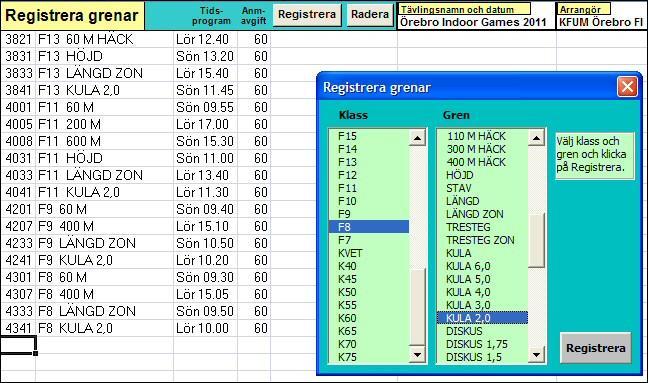Registrera grenar Här inregistreras tävlingens alla grenar/klasser. Klicka på knappen "Registrera" så visas en dialogruta. I dialogrutan markeras klass och gren.