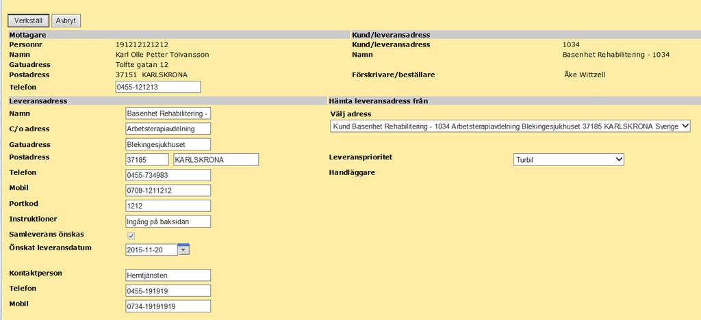 Under rubriken Mottagare kan telefonnummer ändras/anges, vilket uppdaterar mottagarens telefonnummer i Sesam-systemet. Hämta lev. adress från: Välj aktuell leveransadress i listan.