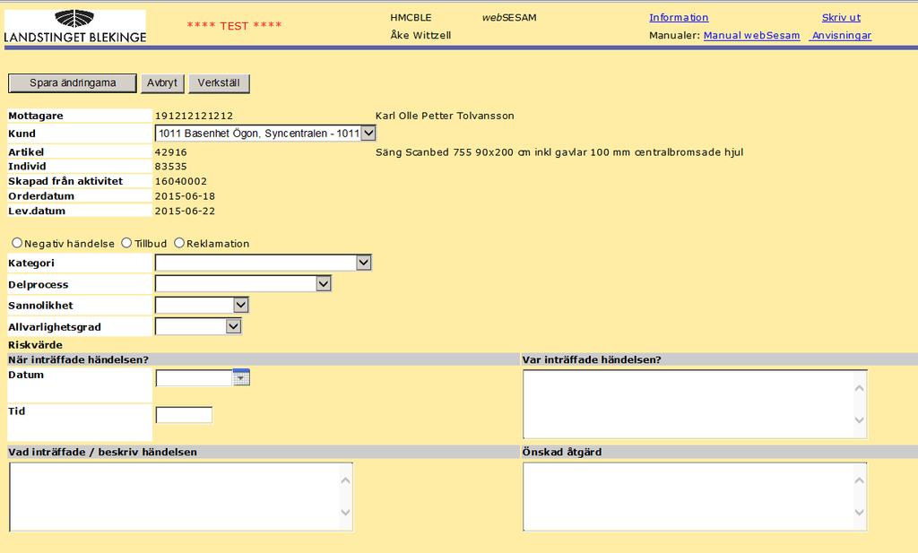 Klicka på aktuell arbetsorder. Klicka på länken Avvikelse/Reklamation. Via skärmbilden Individkort. Ange aktuellt individnummer, välj Registrerade ao.