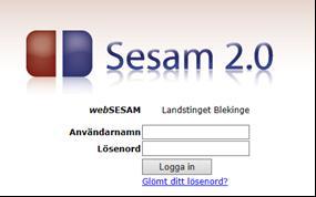 Inloggning till websesam. Länk till websesam finns på landstingets intranät, Gemensamma länkar > WebSesam. Inloggningsbilden nedan gäller endast för anställda i en kommun i Blekinge.