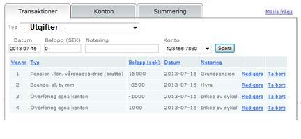 Klicka på för att få upp en lista över konton för utgiften Klicka på Utgiften visas i en lista. Registreringen av utgiften får ett unikt verifikationsnummer.