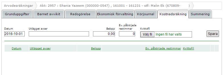 8.8 Kostnadsräkning Om du vill ha ersättning för utlägg du gjort i ditt uppdrag fyller du i kostnadsräkningen. Välj datum, skriv vad utlägget avser, fyll i belopp och ev. påbörjade restimmar.