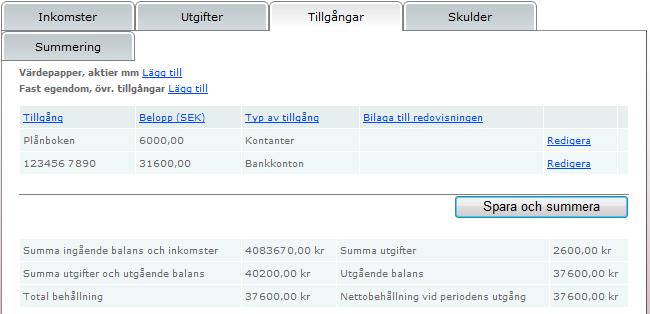 denna registrerade tillgång Klicka på knappen Spara och Summera Tillgången visas i en lista