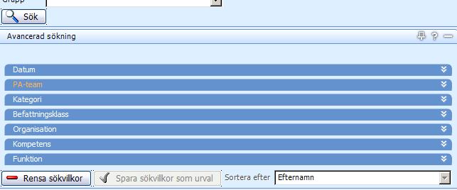 Anonyma personer visas med rosa bakgrund. Avancerad sökning För att söka upp en grupp av medarbetare, t.ex. en avdelning/enhet, kategori eller ett PA-team används Avancerad sökning.