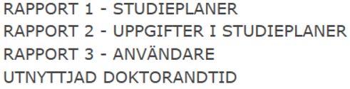 2.3.2 Data Under Data hittar du tre olika rapportfunktioner samt en funktion för att se doktoranders utnyttjade studietid.