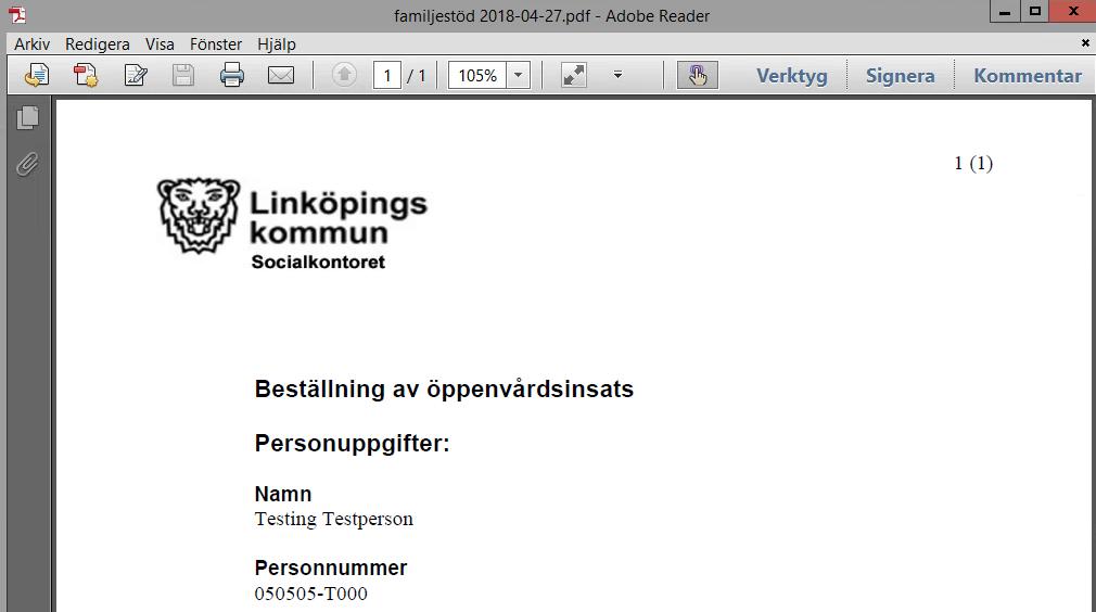 Uppdraget dyker då upp i ett eget fönster, i PDF-format.