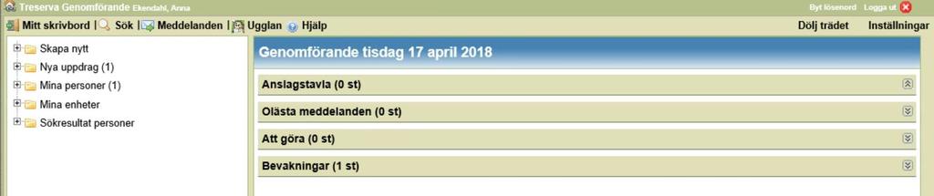 aktiveras panelerna Anslagstavla, Olästa meddelanden, Att göra och Bevakningar: Du expanderar