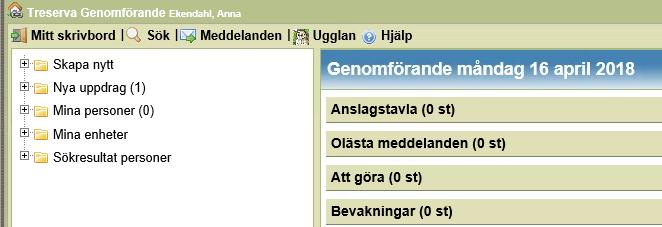 och funktionerna Anslagstavla, Olästa meddelanden, Att göra och Bevakningar