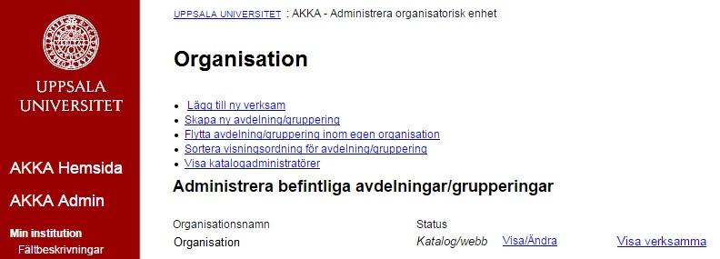 Skapa underorganisation Arbetets påbörjan Skapa underorganisation Du hittar platsen på följande sätt Klicka på Min institution.