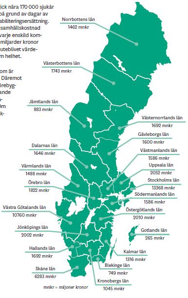 Samhällskostnaden för sjukskrivningar - och värdet av att få fler att gå till arbete 170 000 sjukdagar omräknade till sjukår 57 miljarder kr En framtida samhällsförlust eller utebliven framtida