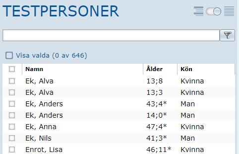 För att exportera testresultat, välj en eller flera testpersoner i listan genom att markera rutan framför